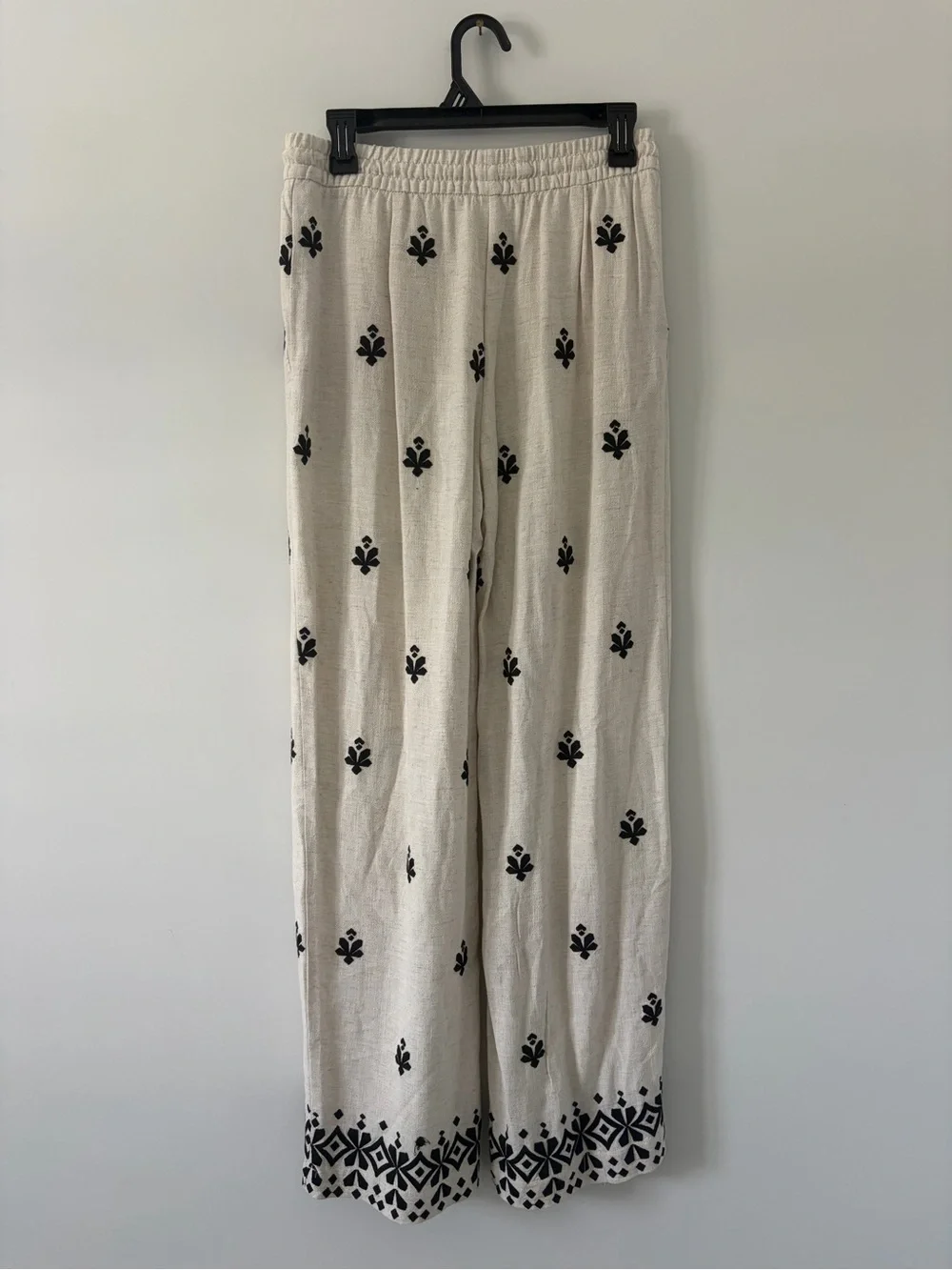 Zara Off White Black Linen Blend Geometric Boho French Countryside Casual Pants